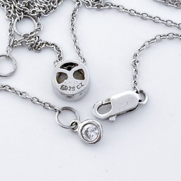 Bezel Set Cubic Zirconia Pendant | Vintage Sterling Silver Necklace | 16.5"-18.5 - Picture 3 of 5
